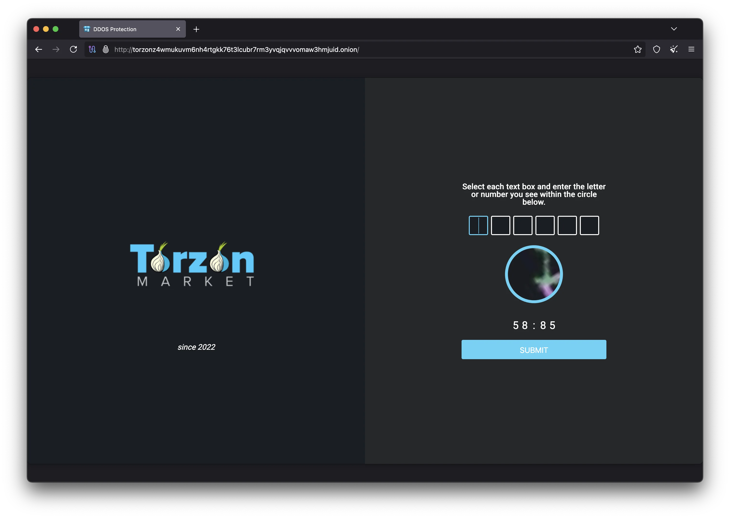 Torzon marketplace captcha verification interface protecting secure access through Tor Browser connection