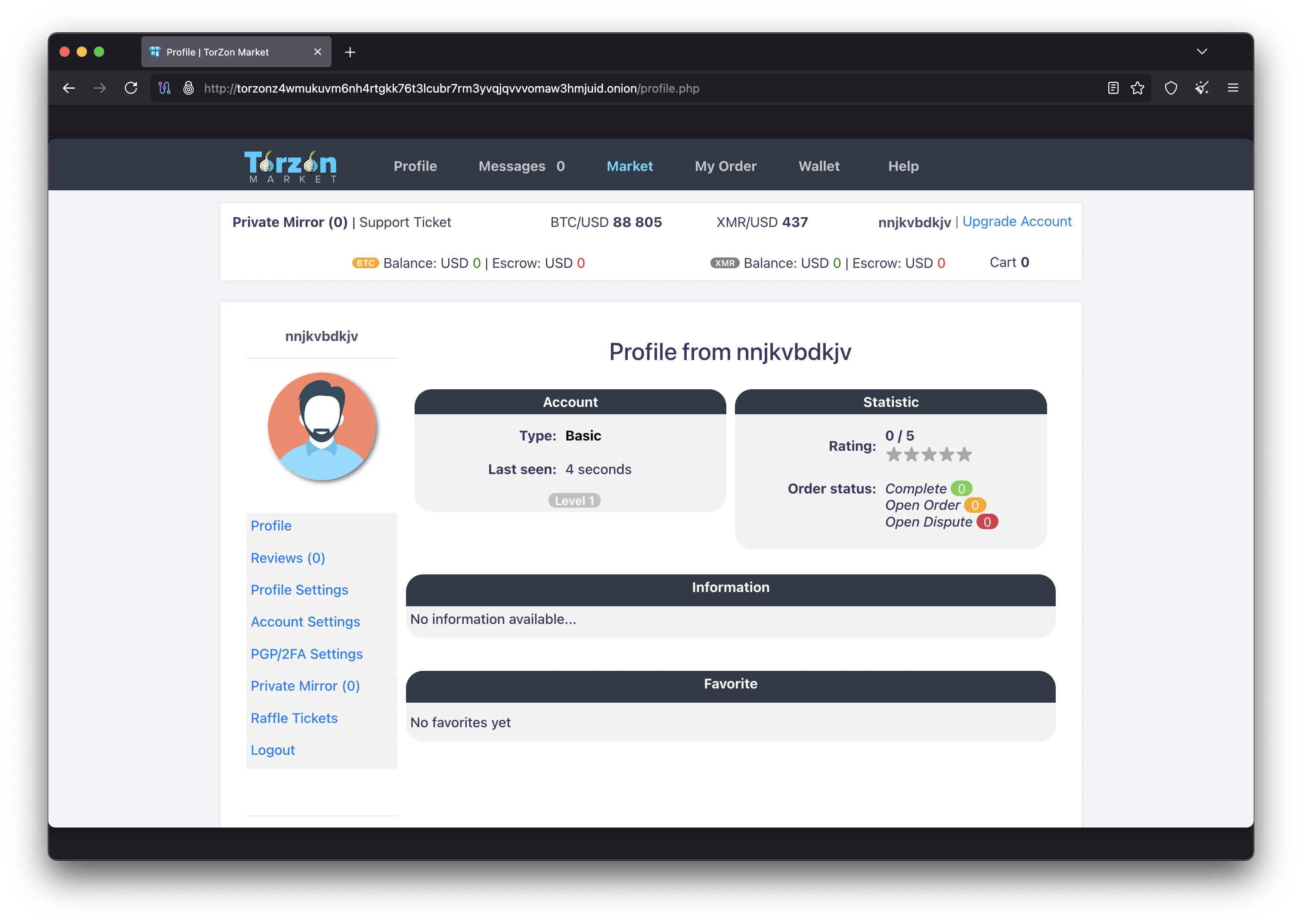 Torzon Market official user profile dashboard showing account settings, PGP key management, and security preferences