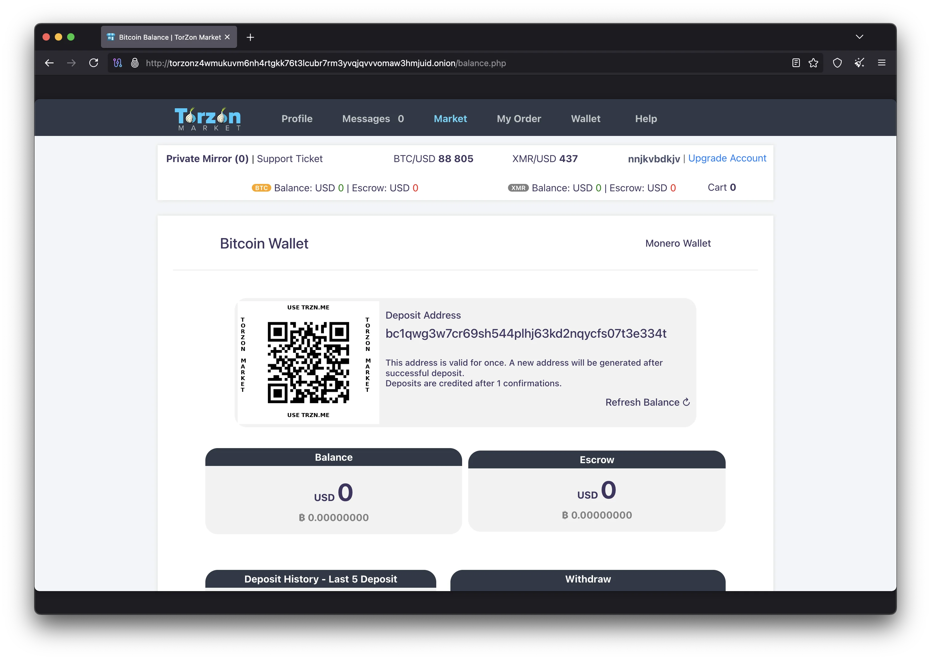 Torzon Market cryptocurrency wallet interface showing Bitcoin and Monero deposit addresses with multisig escrow status